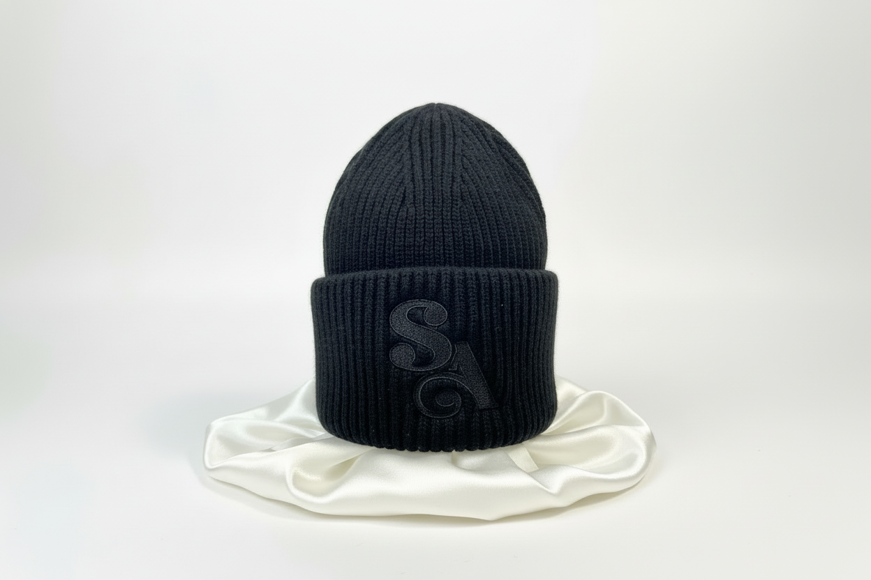 Black Bamboo Silk lined Wool Beanie