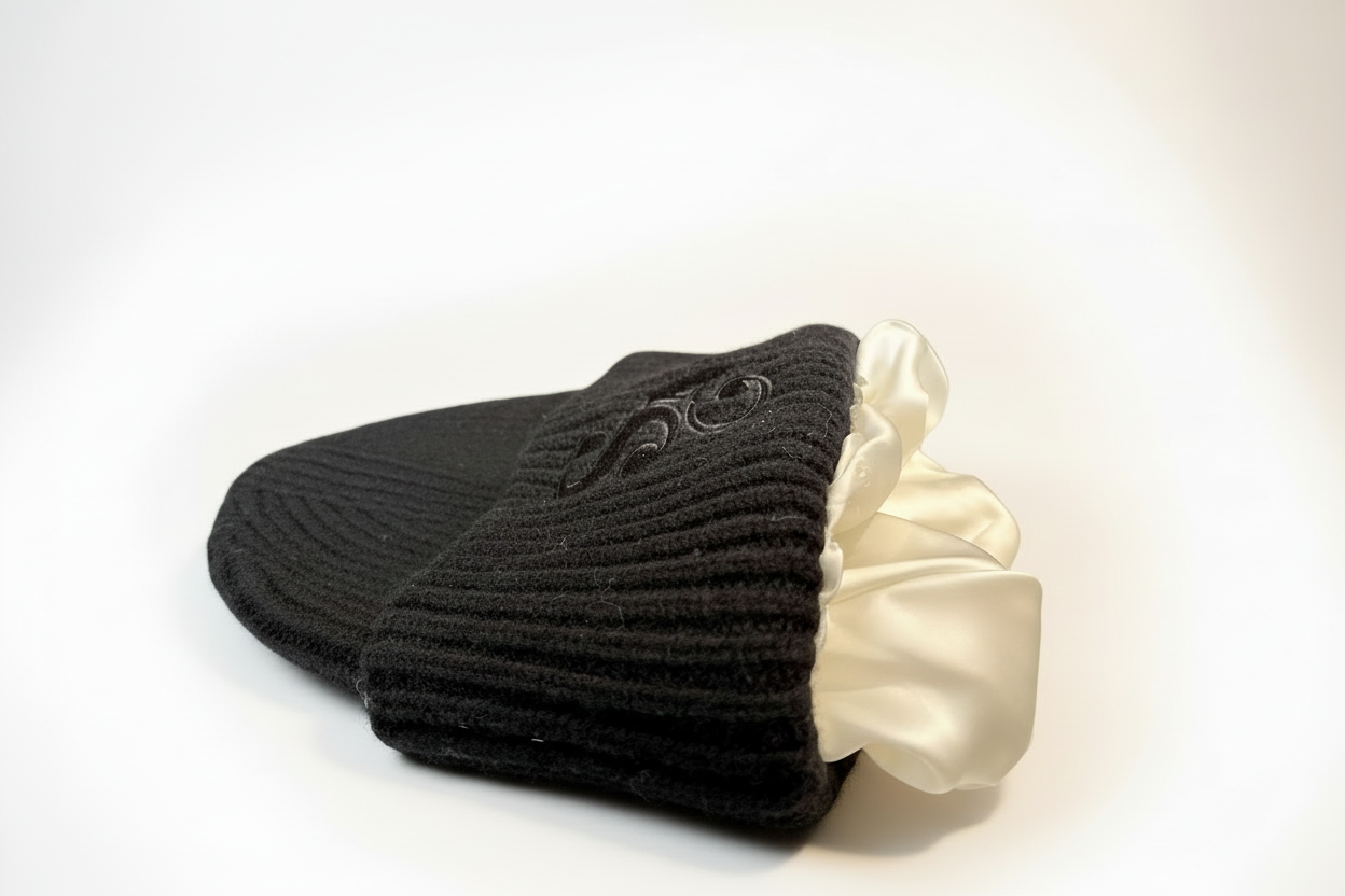Black Bamboo Silk lined Wool Beanie